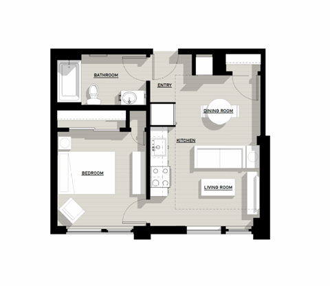 Floor plan for 1 bed, 1 bath, 667 sqft